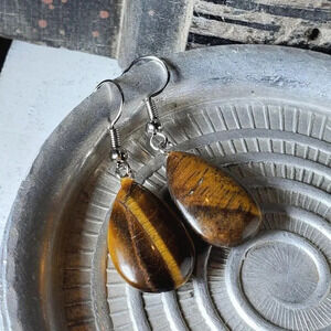 Tigers Eye Puffed Teardrop Handcrafted Brown Silver Gemstone Dangle Earrings